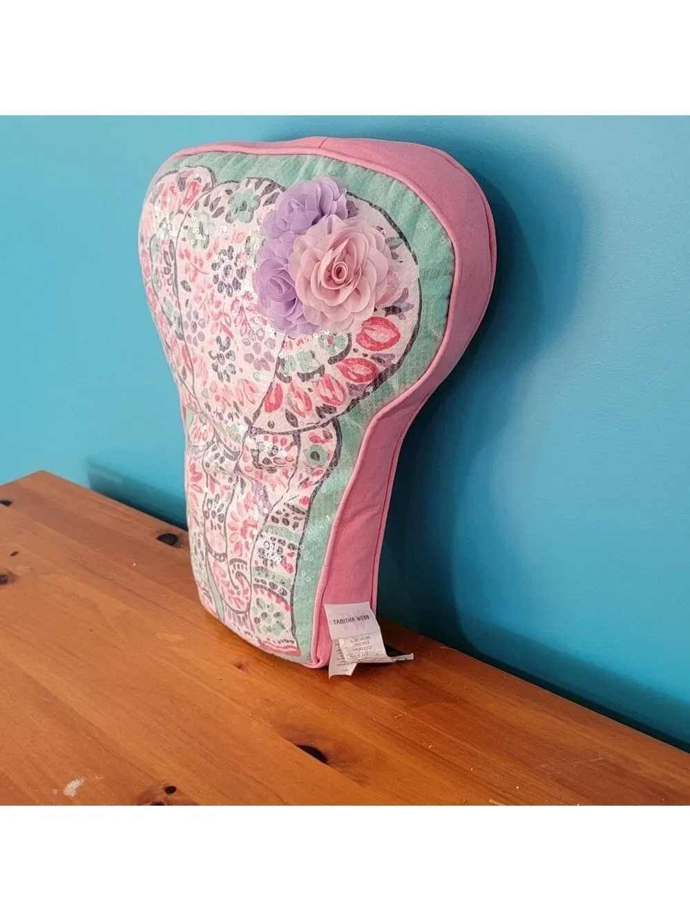 Designer Pillow Large Elephant Sequins and 3D Flowers Tabitha Webb